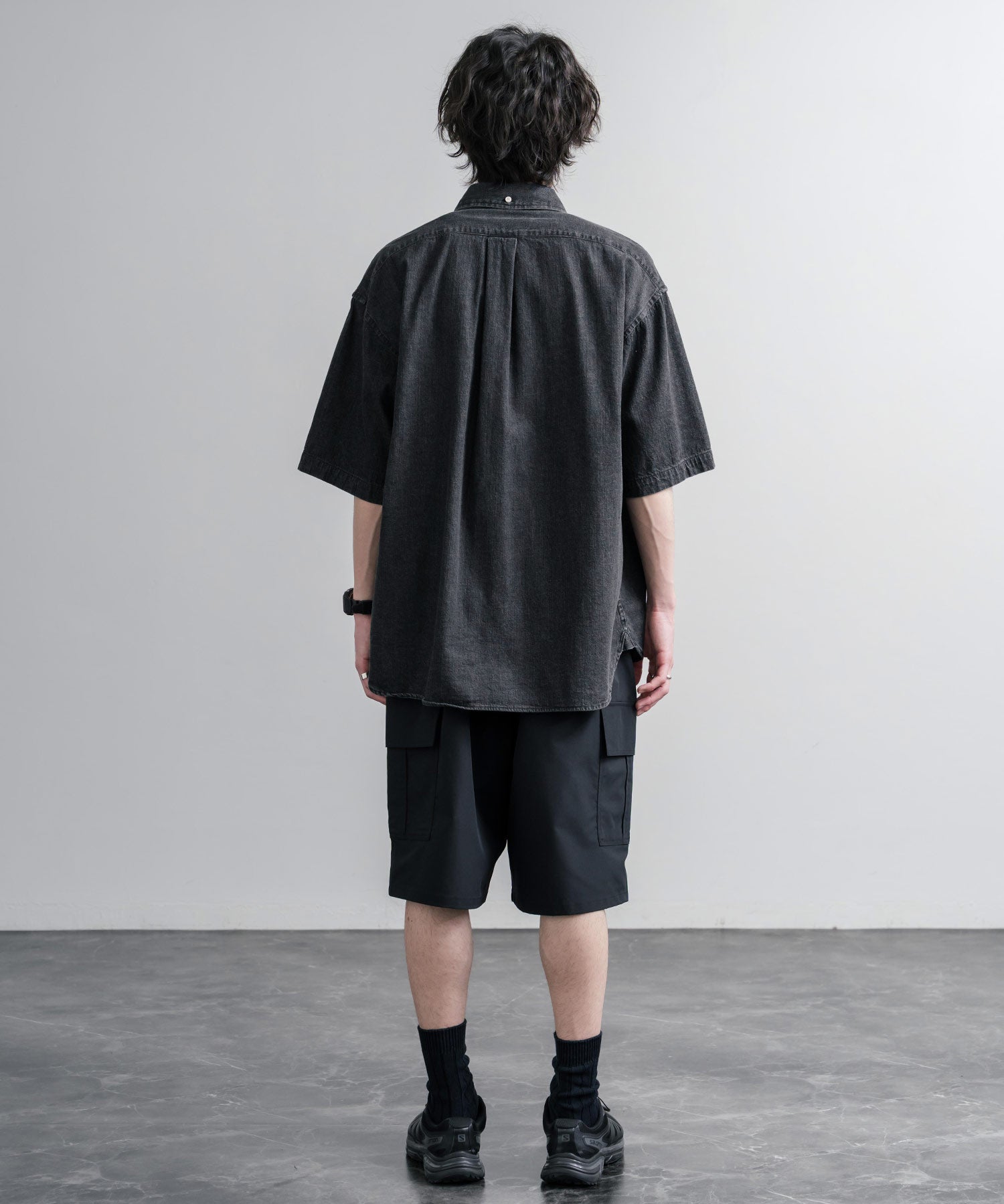Upscape Audience アップスケープオーディエンス 日本製 国産 「備後」8オンス ムラデニム ヴィンテージWASH ボタンダウンボクシーAライン半袖シャツ AUD6722 16036