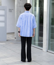 新色追加 オーバーサイズ 無地/チェック柄/ストライプ柄レギュラーカラー半袖シャツ 13977