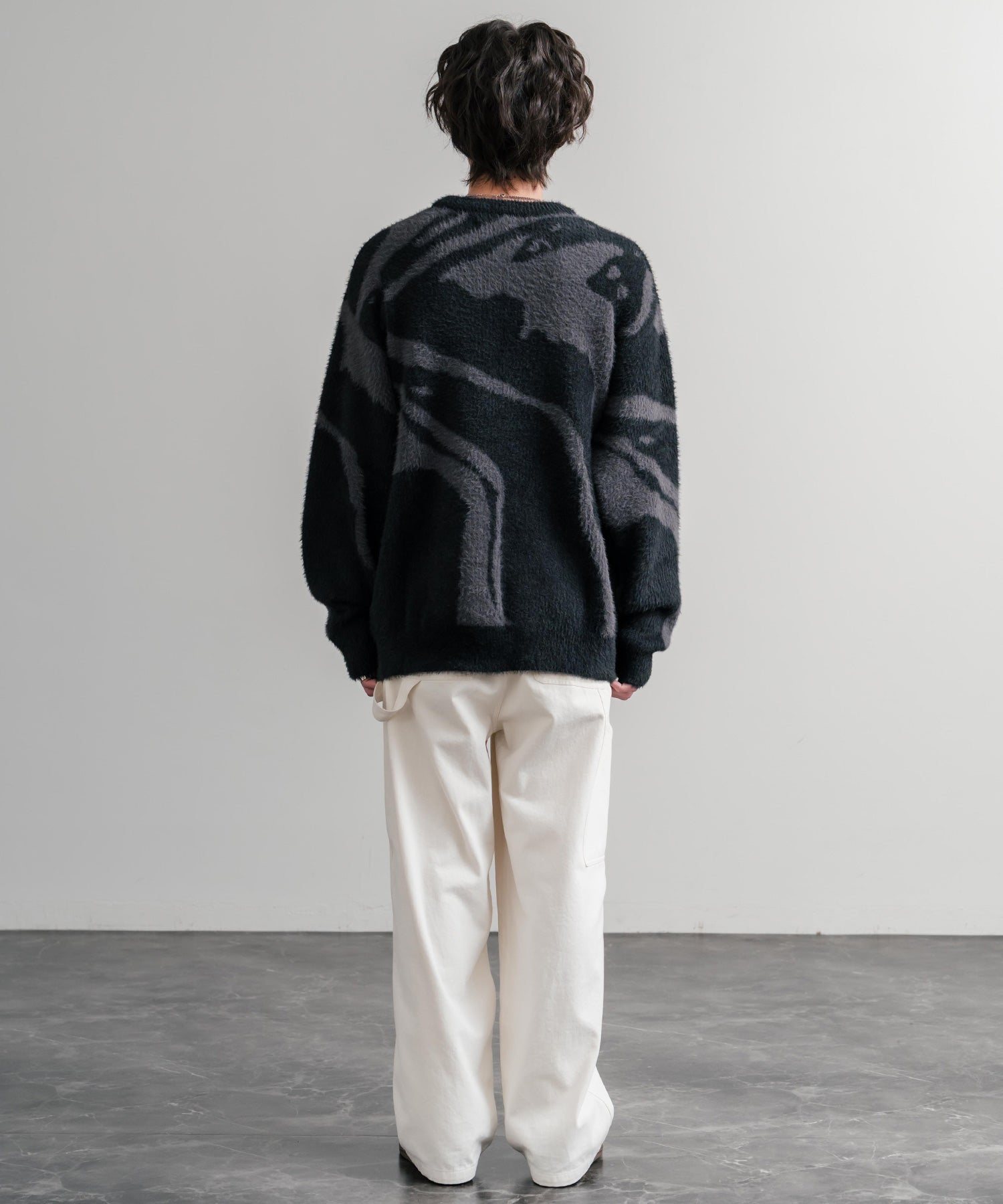 5Gフェザーヤーンジャガードマーブル柄ルーズクルーネック長袖ニット 15190