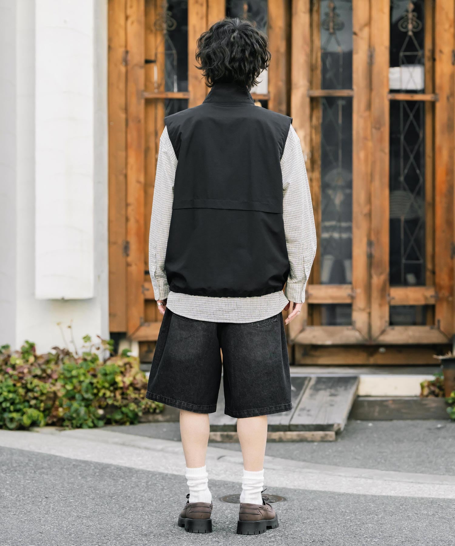 ケミカルウォッシュ オーバーダイ ワイドデニムハーフショートパンツ 15375