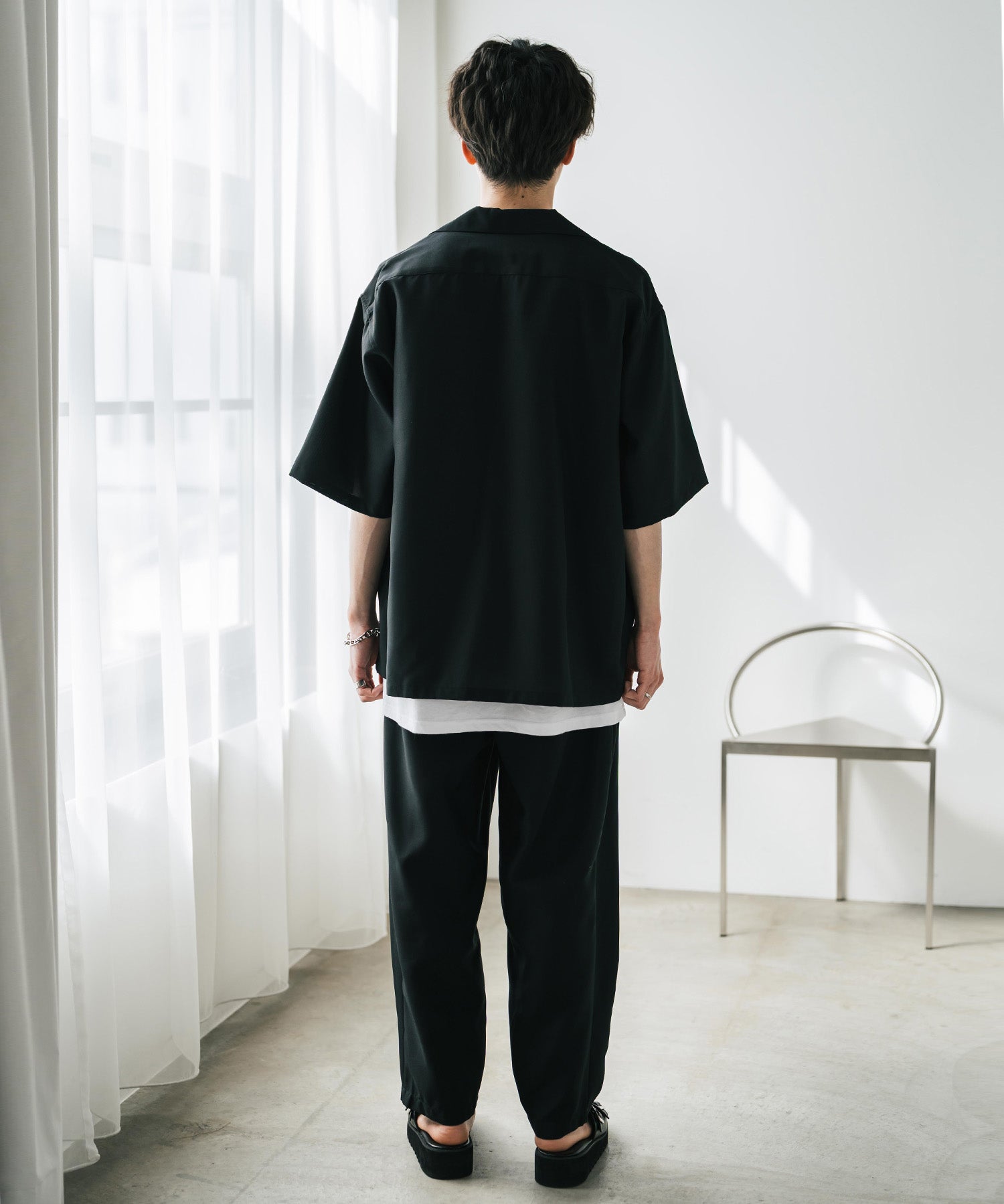 【3点セットアップ】 オーバーサイズ5分袖シャツジャケット&ワイドテーパードパンツ&接触冷感タンクトップ