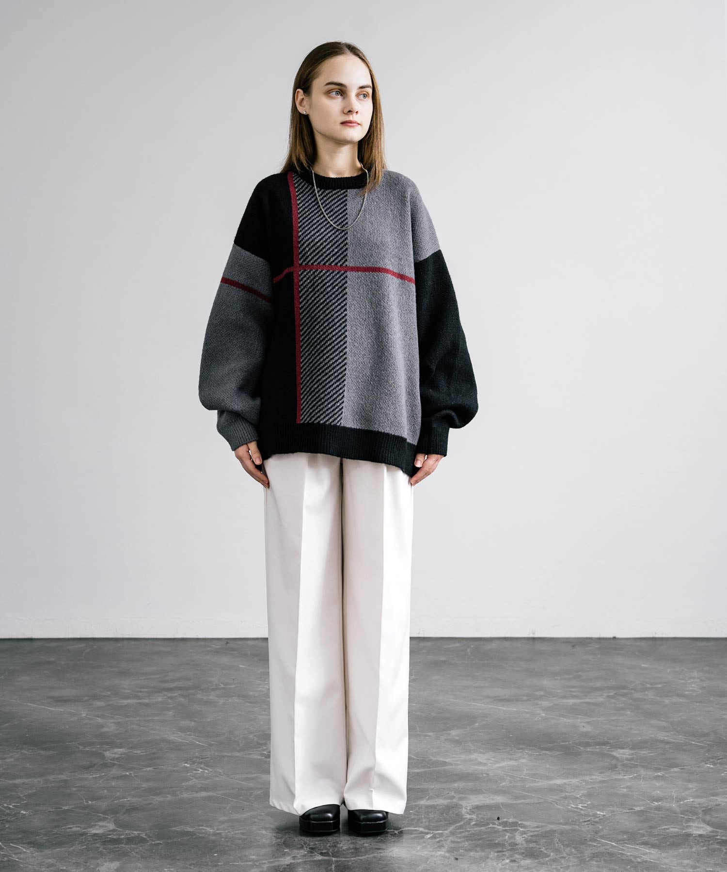 新色追加 オーバーサイズ クロスチェック柄クルーニット　14052