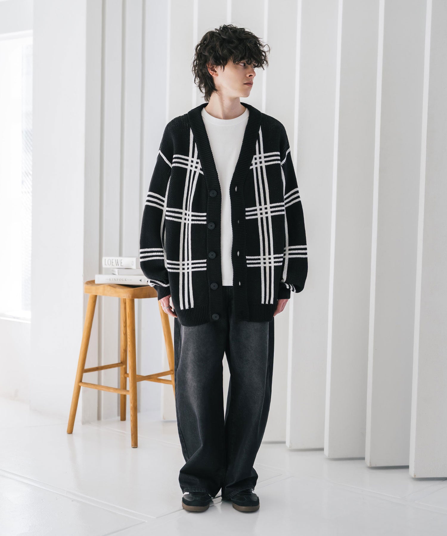 オーバーサイズ総柄Vネックボリュームニットカーディガン アーガイル柄 チェック柄 15484