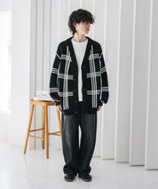 オーバーサイズ総柄Vネックボリュームニットカーディガン アーガイル柄 チェック柄 15484