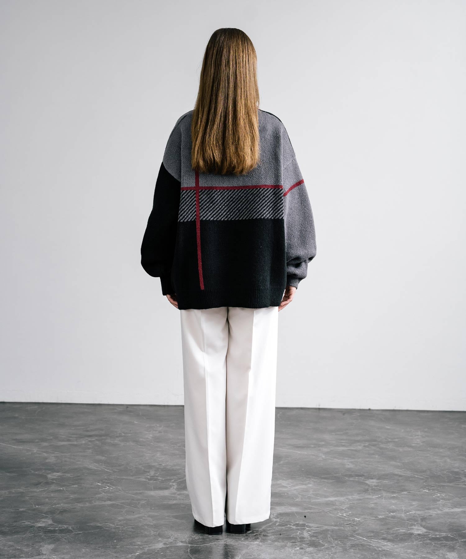 新色追加 オーバーサイズ クロスチェック柄クルーニット　14052