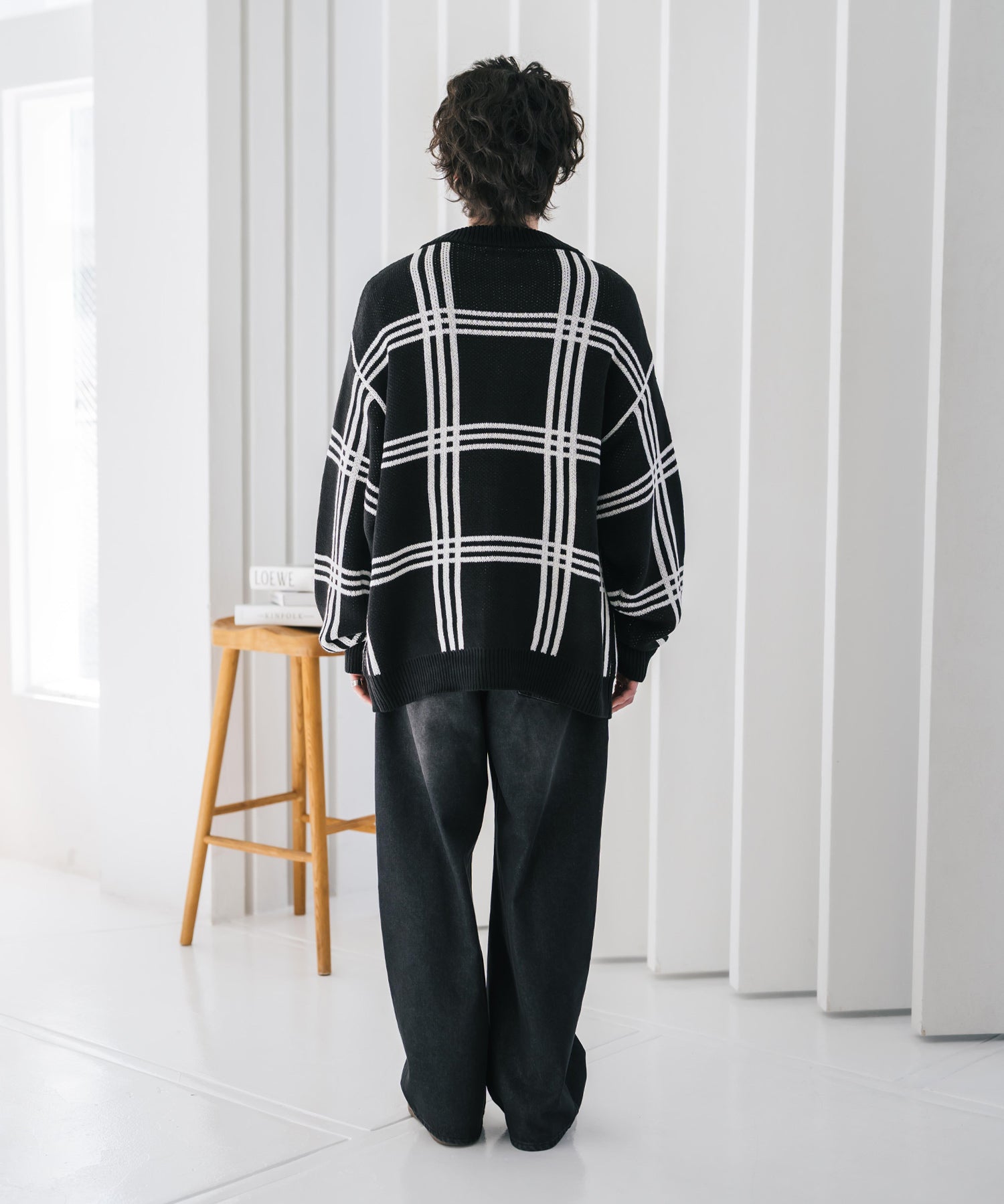 オーバーサイズ総柄Vネックボリュームニットカーディガン アーガイル柄 チェック柄 15484