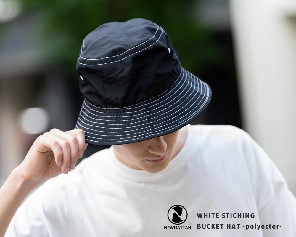 【NEWHATTAN/ニューハッタン】WHITE STICHING BUCKET HAT  -polyester-/ホワイトステッチングバケットハット◆11870/(ベージュ／S/Mサイズ)__S-1s-beg__