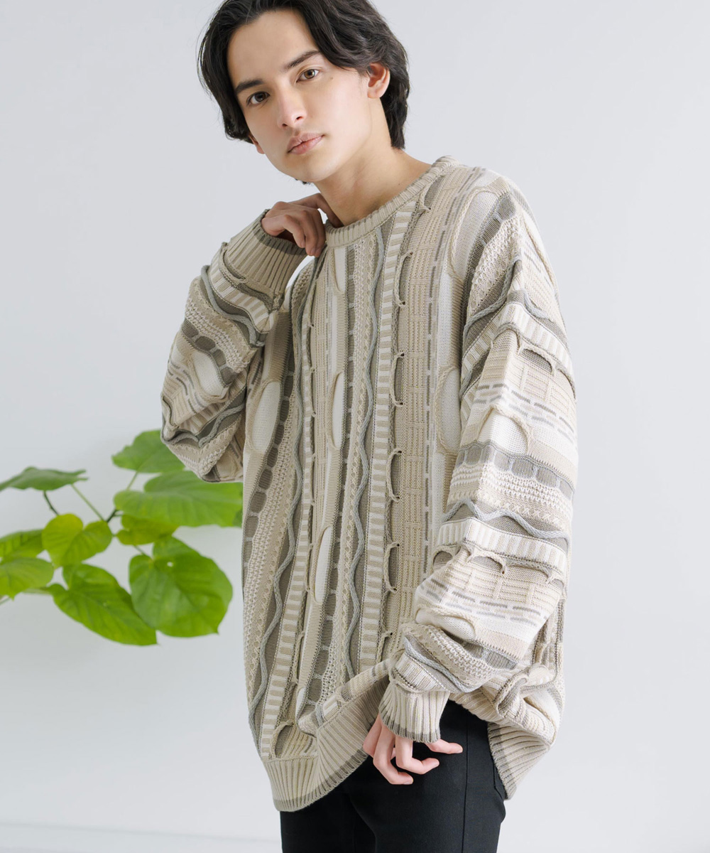 オーバーサイズジャガード編みクルーネック3Dニット/セーター/メンズ 